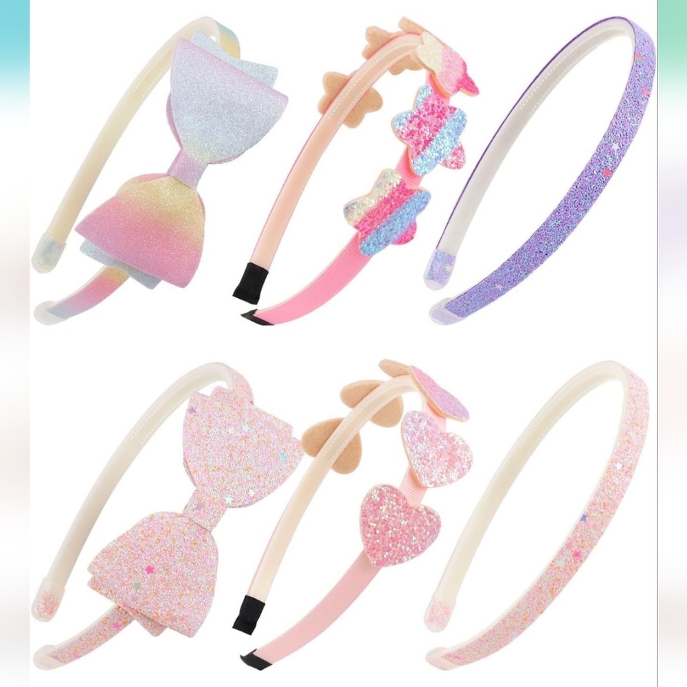 6 Glitter Headbands Bows, Hearts, Stars